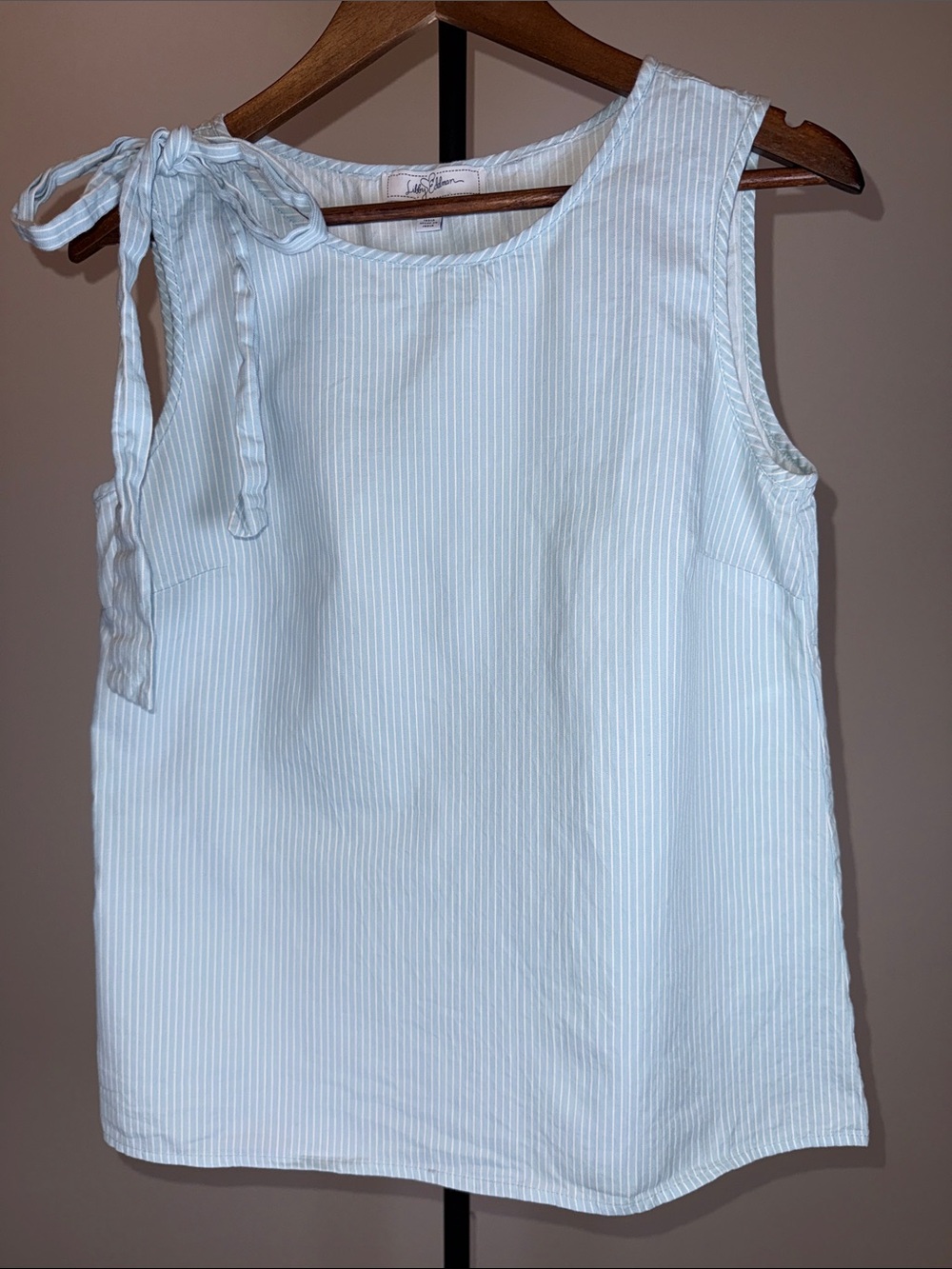 Libby Edelman Blue & White Pinstripe Sleeveless Top Bow Shoulder | Size Small